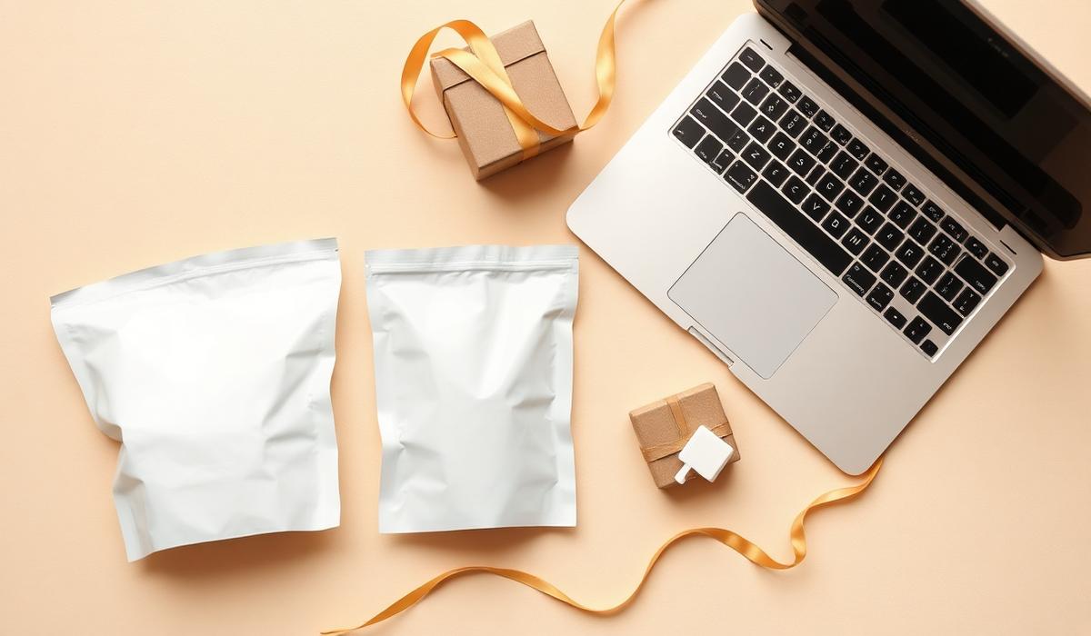 Unbranded white snack pouches beside a laptop and a small shipping carton