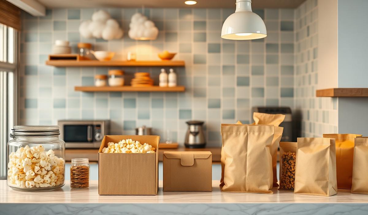 Cloud kitchen counter with kraft snack bags, popcorn jars and delivery boxes
